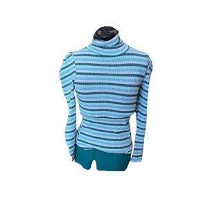 Maeve Y2K Classic Ribbed Striped Long  Puff Sleeve Turtleneck Top A23